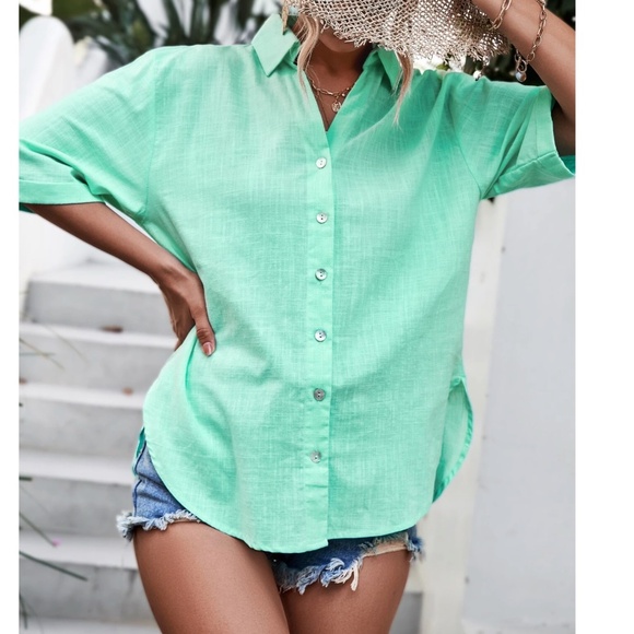 Solid Mint Green Button Down Loose Fit Boyfriend Shirt - Picture 2 of 6